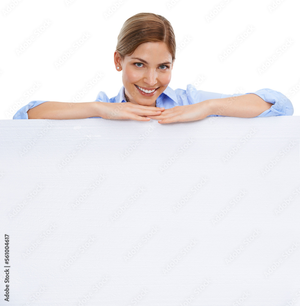 News, announcement and businesswoman with blank sign, mockup and product placement isolated on white