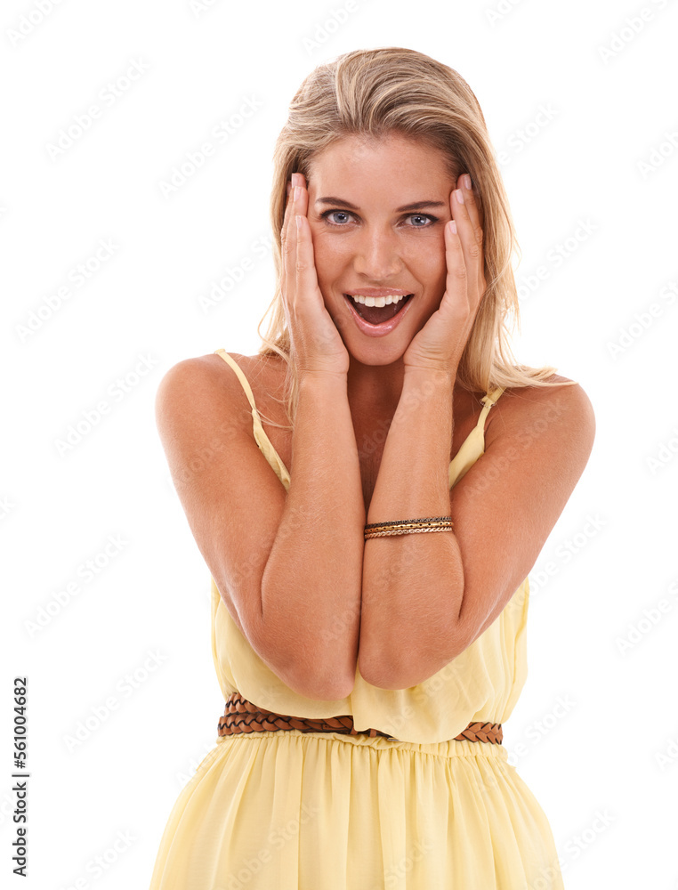 Woman, excited and surprise portrait with a wow expression on white background for discount sale ann