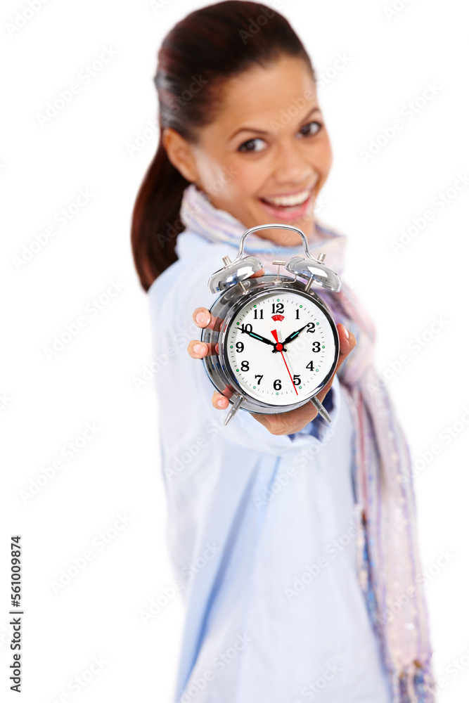 时间、微笑和带时钟的女人的肖像，准时安排，隔离在白色背景上。Ti