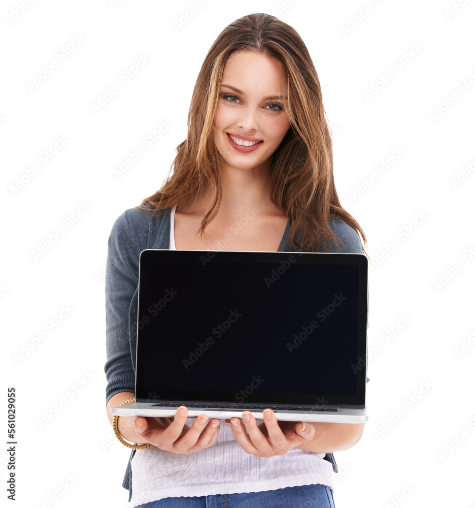 肖像、实物模型或带笔记本电脑的女性，连接或隔离在白色工作室背景上的女性。小伙子