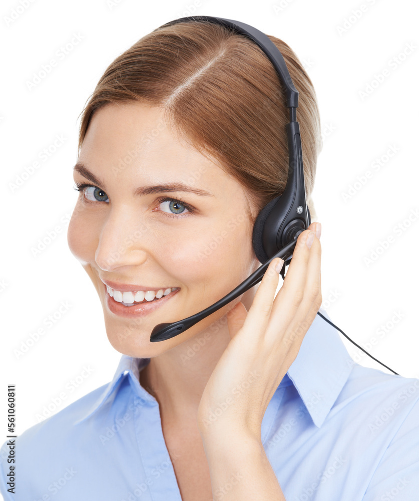 呼叫中心，白底人脸和女士进行电话营销，联系我们或电信咨询