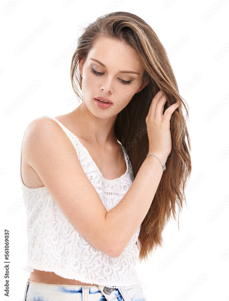 手剪头发、自然沙龙发型和白色背景的女性的头发护理、美容和肖像