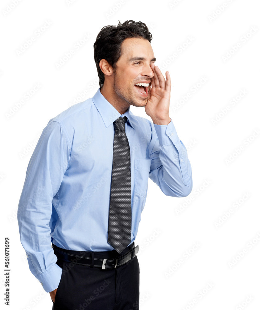 Excited businessman, hand or shouting on studio background for finance deal, investment or stock sal