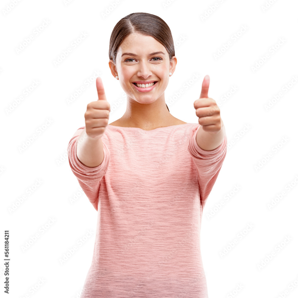 女人，微笑并竖起大拇指，在白色工作室背景下赢得、出售或折扣。肖像