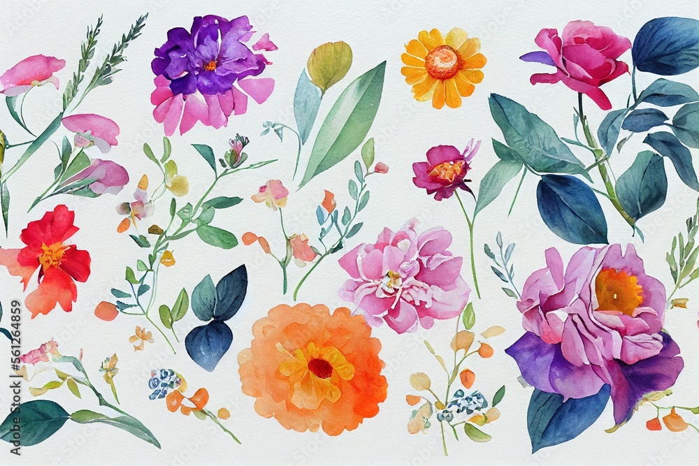 花束套装水彩画作品设计。春天和夏天的花朵自然风格
