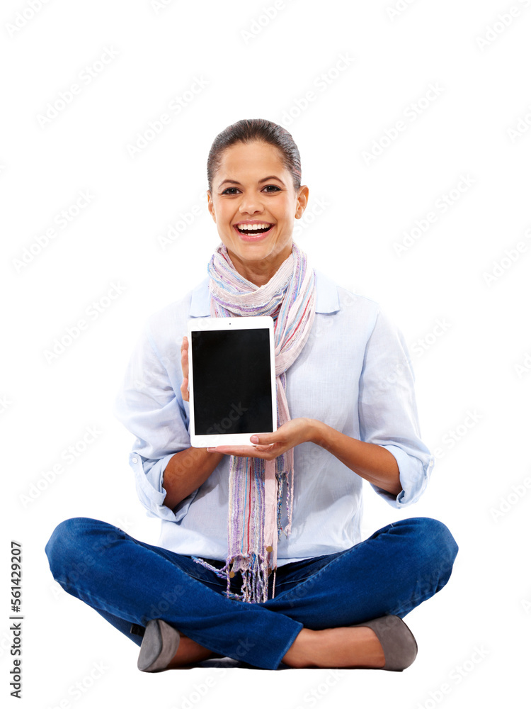 社交媒体应用程序或网站在孤立的白色背景上的女性、肖像或展示平板电脑模型