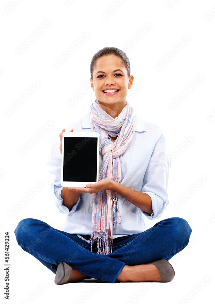 社交媒体或电子学习的孤立白色背景上的女性、肖像或平板电脑屏幕模型