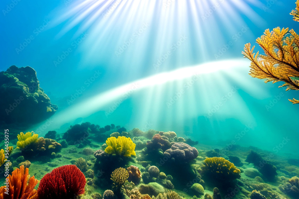 水下场景。水下的海洋珊瑚礁。水下背景下的海洋世界。