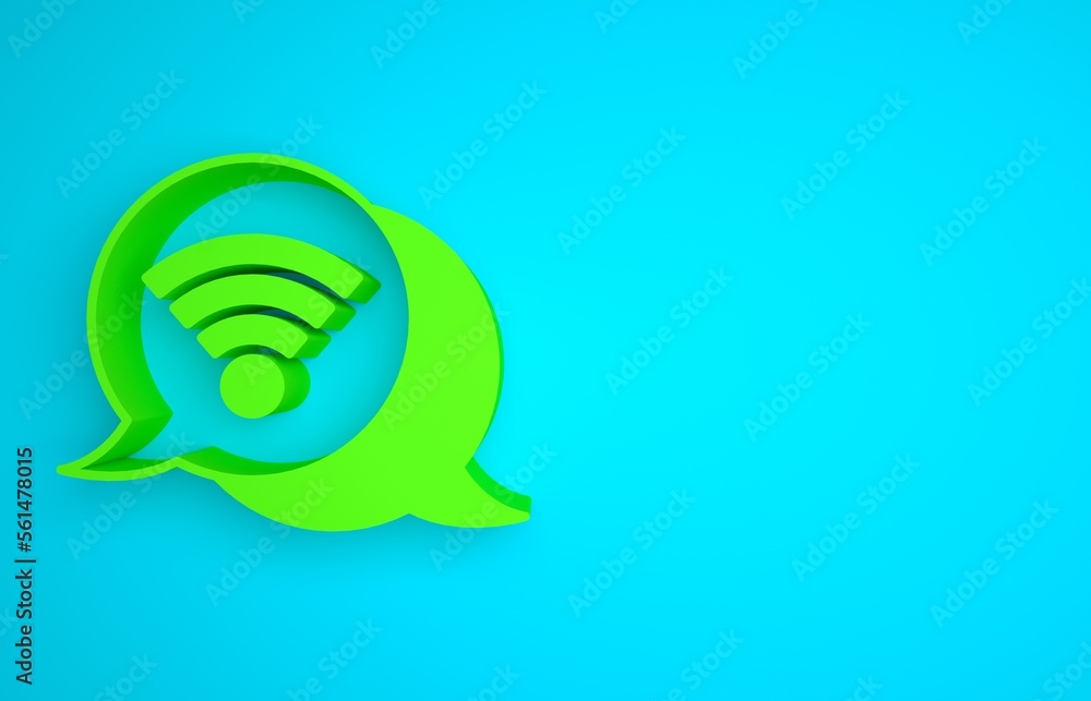 Green Wi-Fi wireless internet network symbol icon isolated on blue background. Minimalism concept. 3