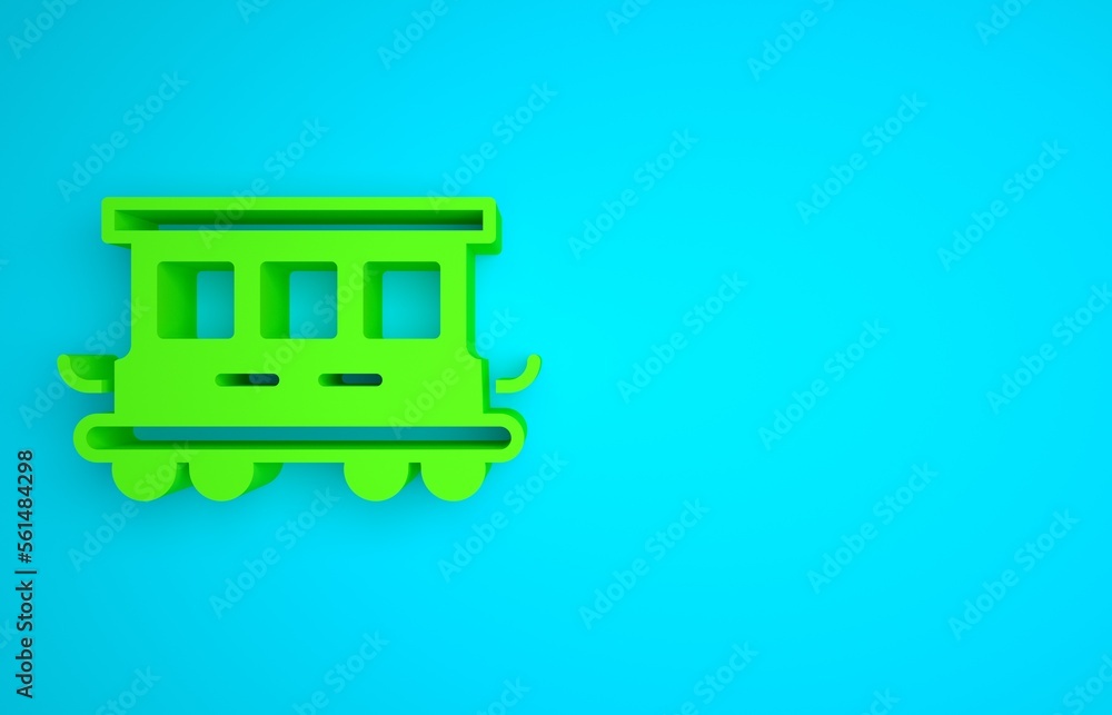 蓝色背景上隔离的绿色客车玩具图标。铁路车厢。极简主义概念