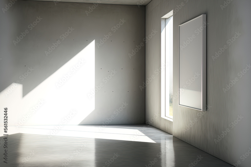 简单的混凝土画廊内部，墙上有实体模型，阳光和阴影。生成AI