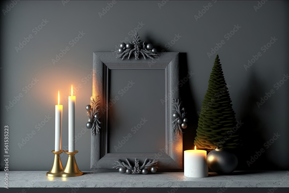混凝土壁炉上的一个空框架，有圣诞时尚的装饰，一棵灰色的纸树，圣诞节