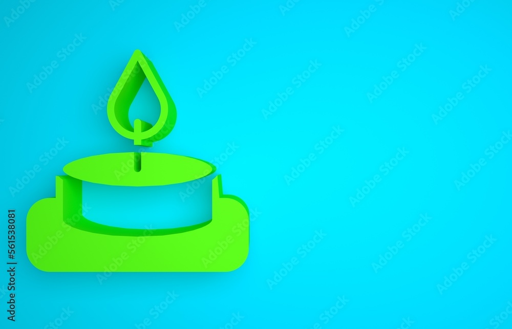 蓝色背景上的绿色芳香蜡烛图标。极简主义概念。3D渲染插图