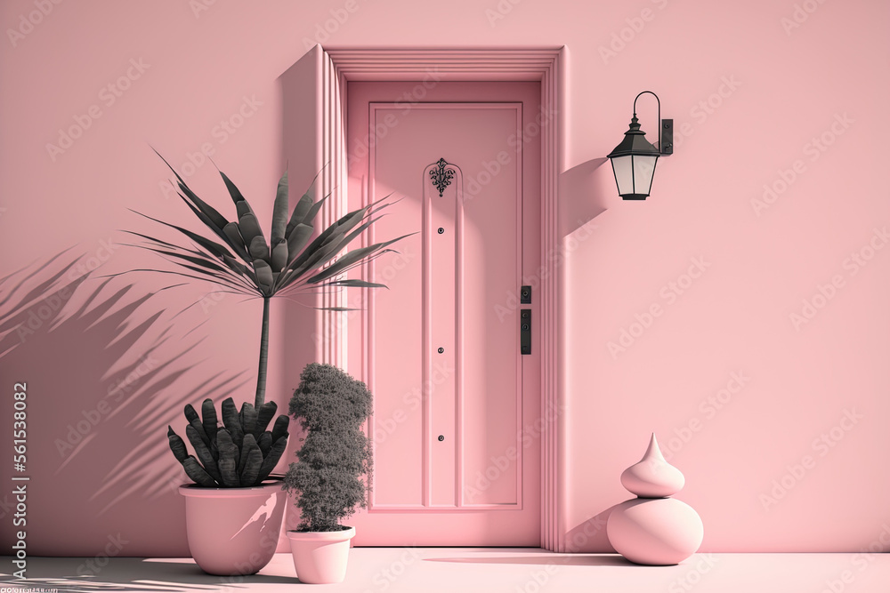 单色户外场景，粉色门，粉色背景上的壁灯花盆。创意合成