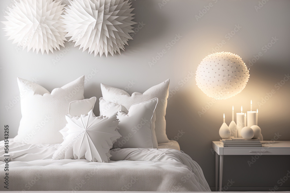 Over a fuzzy scandinavian bedroom, white architecture interior design concept, five soft white pillo