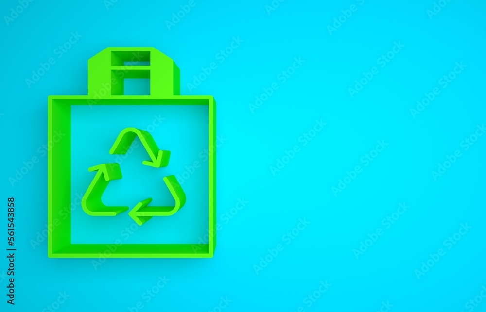 绿纸购物袋，蓝色背景上有回收图标。带有回收符号的袋子。M
