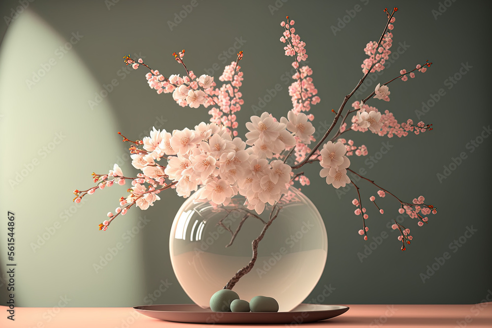 春天到了。桌子上的花瓶里开着樱花枝，有文字空间。生成AI