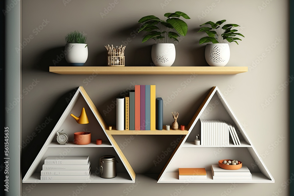 Wall shelves with decor and books in the interior. Modern housing design, minimalism, aesthetics. Ge