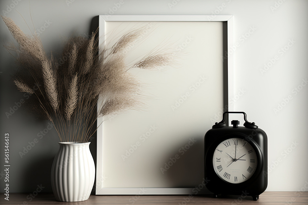 Dry grass in a flower vase, a black alarm clock, and a vintage style white hardwood floor with copy 