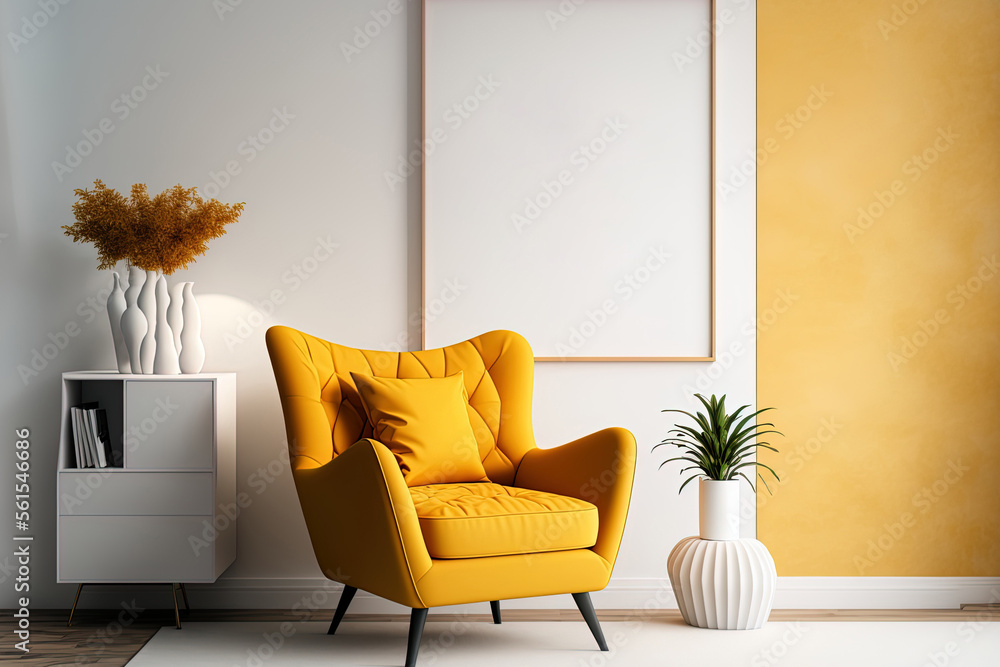 暖色调的客厅内墙模型，黄色扶手椅，背景是白墙。