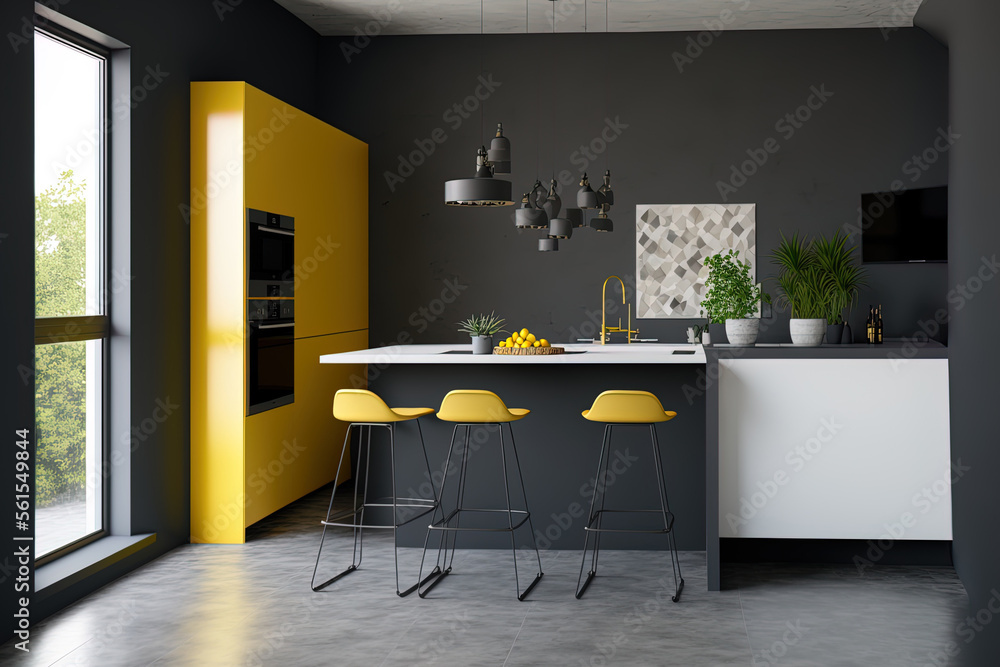 现代厨房的内部，有一张桌子、两张凳子和黄白相间的柜台。混凝土