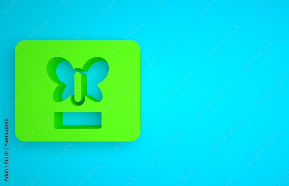 Green Butterfly in a frame icon isolated on blue background. Herbarium. Minimalism concept. 3D rende