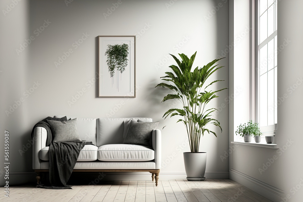 Empty white wall with sofa and house plant on wooden floor. interior living room. Generative AI
