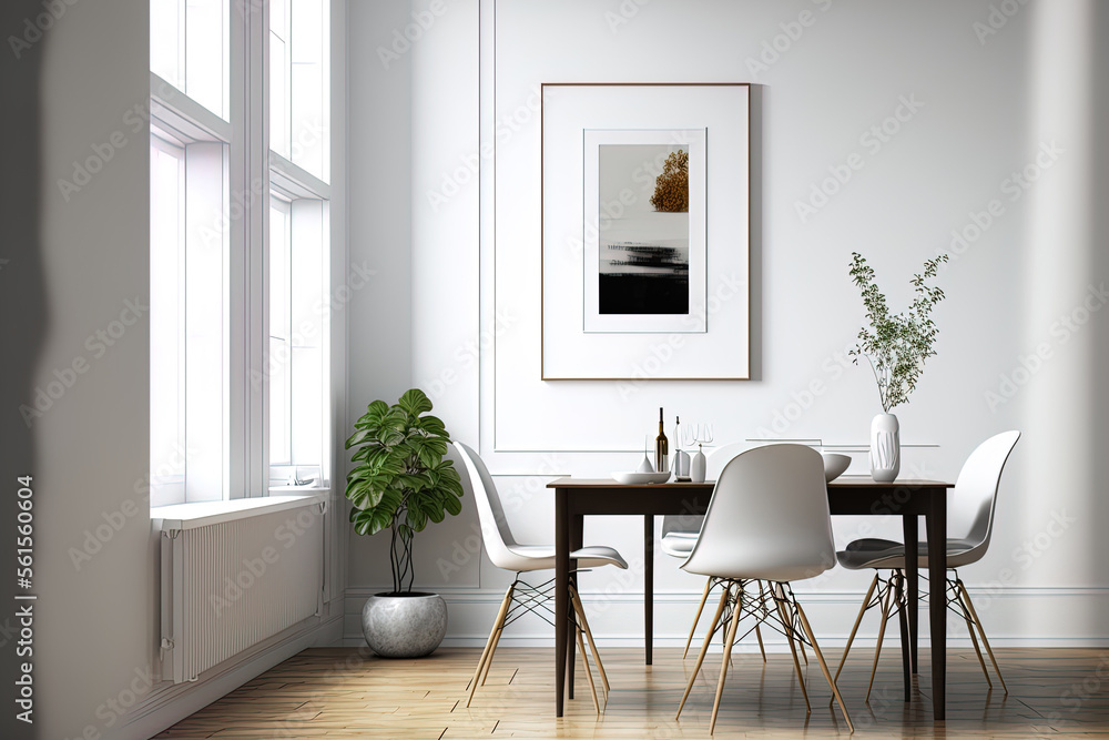 空白墙，带餐桌和椅子。室内客厅。生成AI