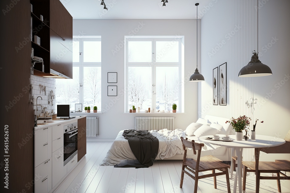 一室公寓，有一间白色客厅、一张床和一间白色厨房。现代棕色家具，