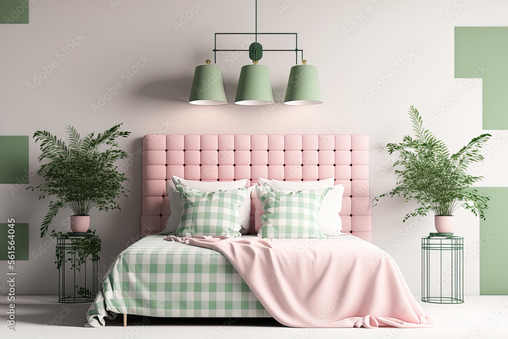 Illustration of a bedroom interior wall mockup with an unmade bed, pink plaid, green plants, and lig