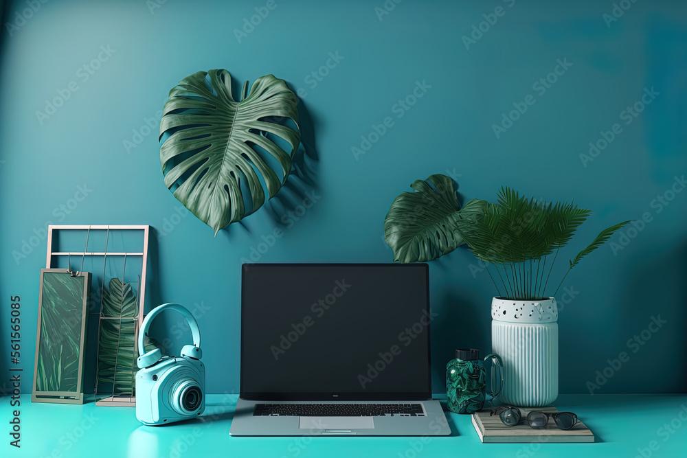 Desk with a tropical leaf, office supplies, a memo stick, and a faux laptop screen. blue wall as a b