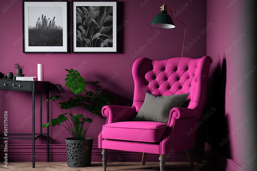 Monochrome living room scene with armchair. Viva magenta is a trend colour year 2023 interior room, 