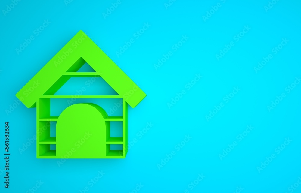 Green Dog house icon isolated on blue background. Dog kennel. Minimalism concept. 3D render illustra