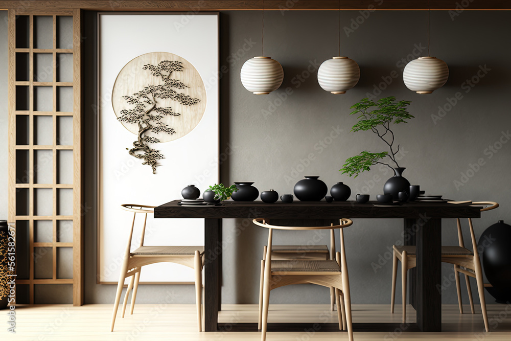 Japandi餐厅，前景墙上有木桌，室内设计建筑理念，conce