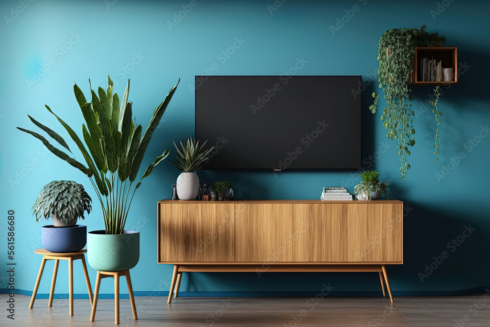 TV on cabinet in interior room with no furniture, blue wall with wood shelf, lamp, plants, and woode
