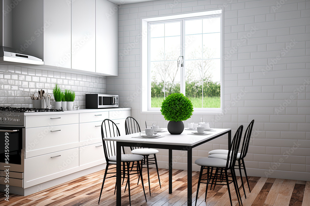 Interior of a white kitchen with a wooden floor, tiled walls, a dining table with four chairs, and t