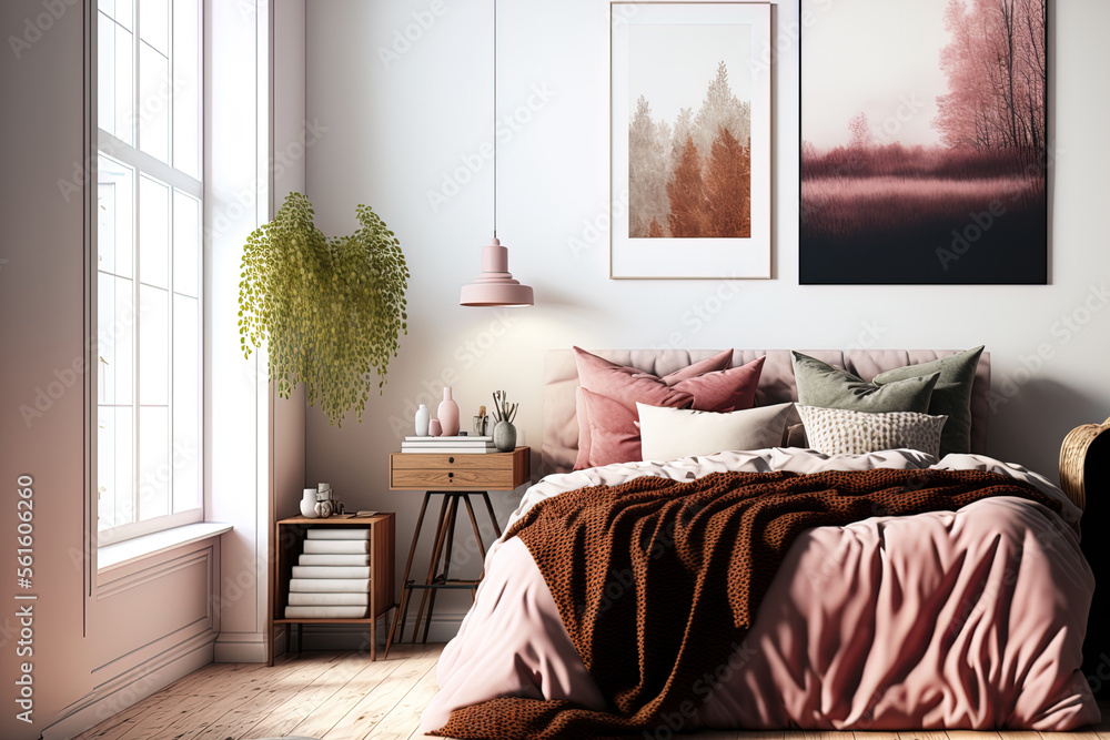 可爱舒适的家庭卧室内部，棕色和粉色的床，木地板，空w的垫子