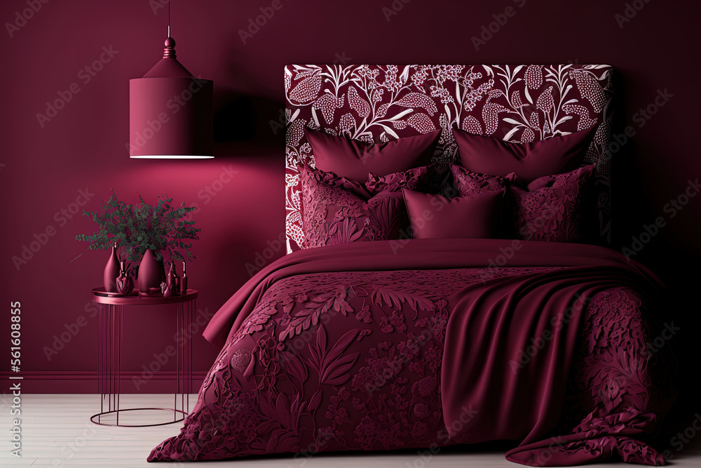 单色深红色卧室场景，配有双人床、毯子、枕头和边桌。Viva mag