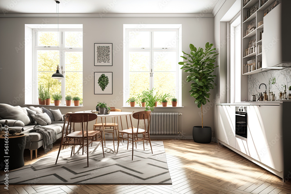 开放式概念现代斯堪的纳维亚房间，配有设计家具、家庭餐桌、沙发和植物St