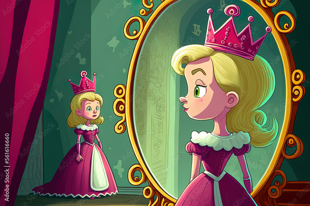 cartoon scene with queen or princess in the castle looking in the mirror illustration for children. 