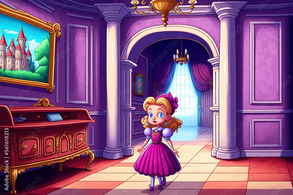 城堡宫殿房间和儿童公主插图的卡通场景。世代AI
