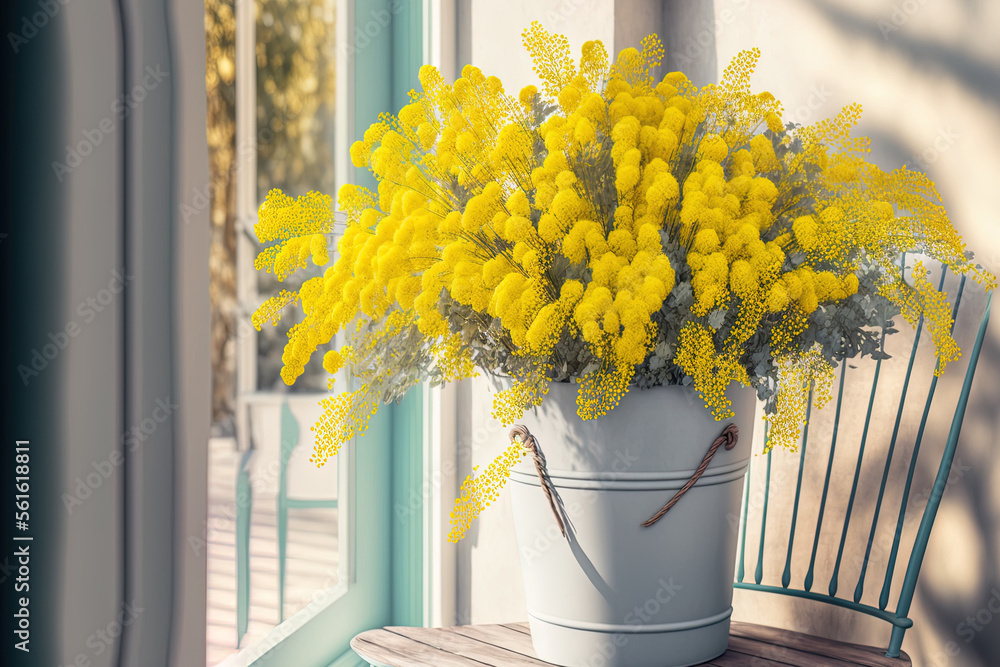 Mimosa flowers in a bunch in a vase on a patio table. Yellow wildflower bouquet in pail on front por