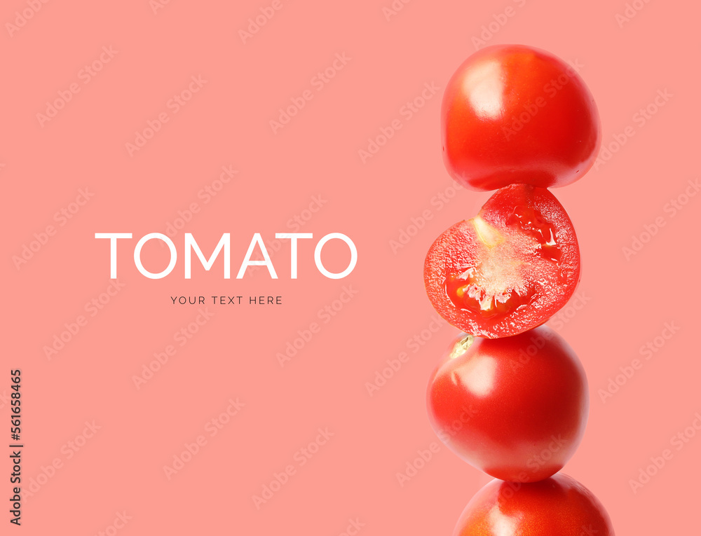 Creative layout made of tomato on the red background. Flat lay. Food concept. Macro  concept. 
