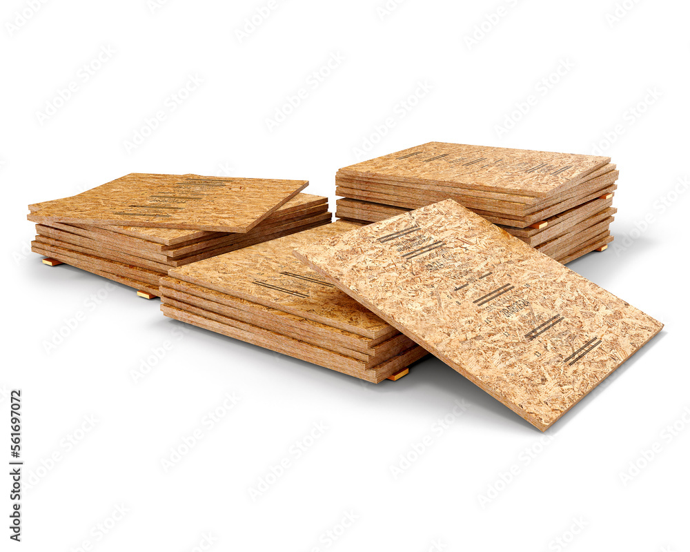 Stack of OSB plates isolated on a white background, 3d illustration