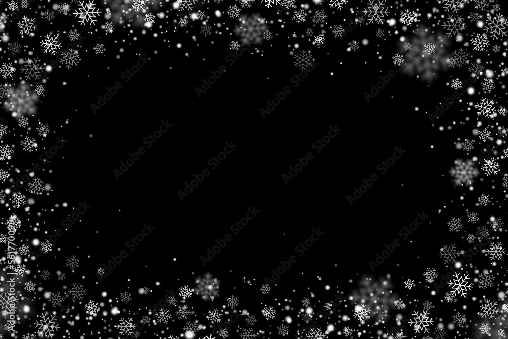 Winter snow snowflakes border frame on black background. Vector