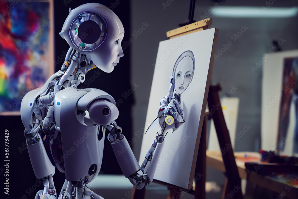 人形机器人艺术家在艺术家工作室的画布上画肖像，展示sci的概念