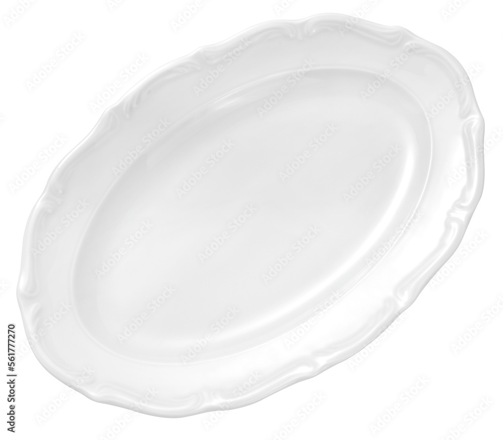 White porcelain plate isolated. Top view of oval plate on white.