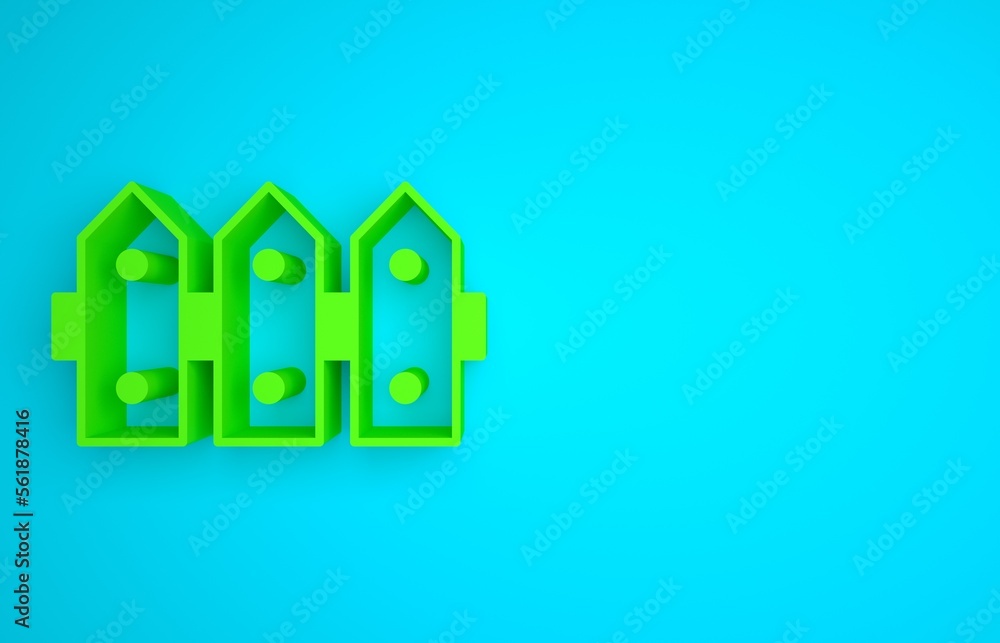 Green Garden fence wooden icon isolated on blue background. Minimalism concept. 3D render illustrati