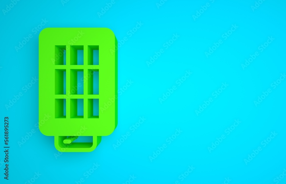 蓝色背景上隔离的软盒图标中的绿色工作室灯泡。阴影反射设计。迷你
