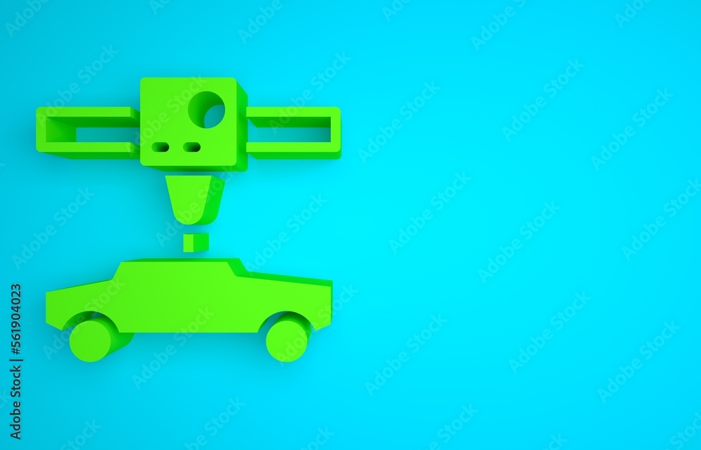 Green 3D printer car icon isolated on blue background. 3d printing. Minimalism concept. 3D render il